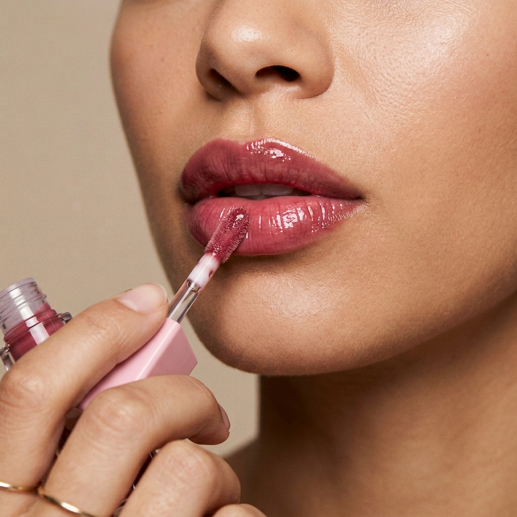 In-Use / Lip Application — a close-up of full lips being touched by the wand, showing the sheer rosewood gloss, editorial finish.