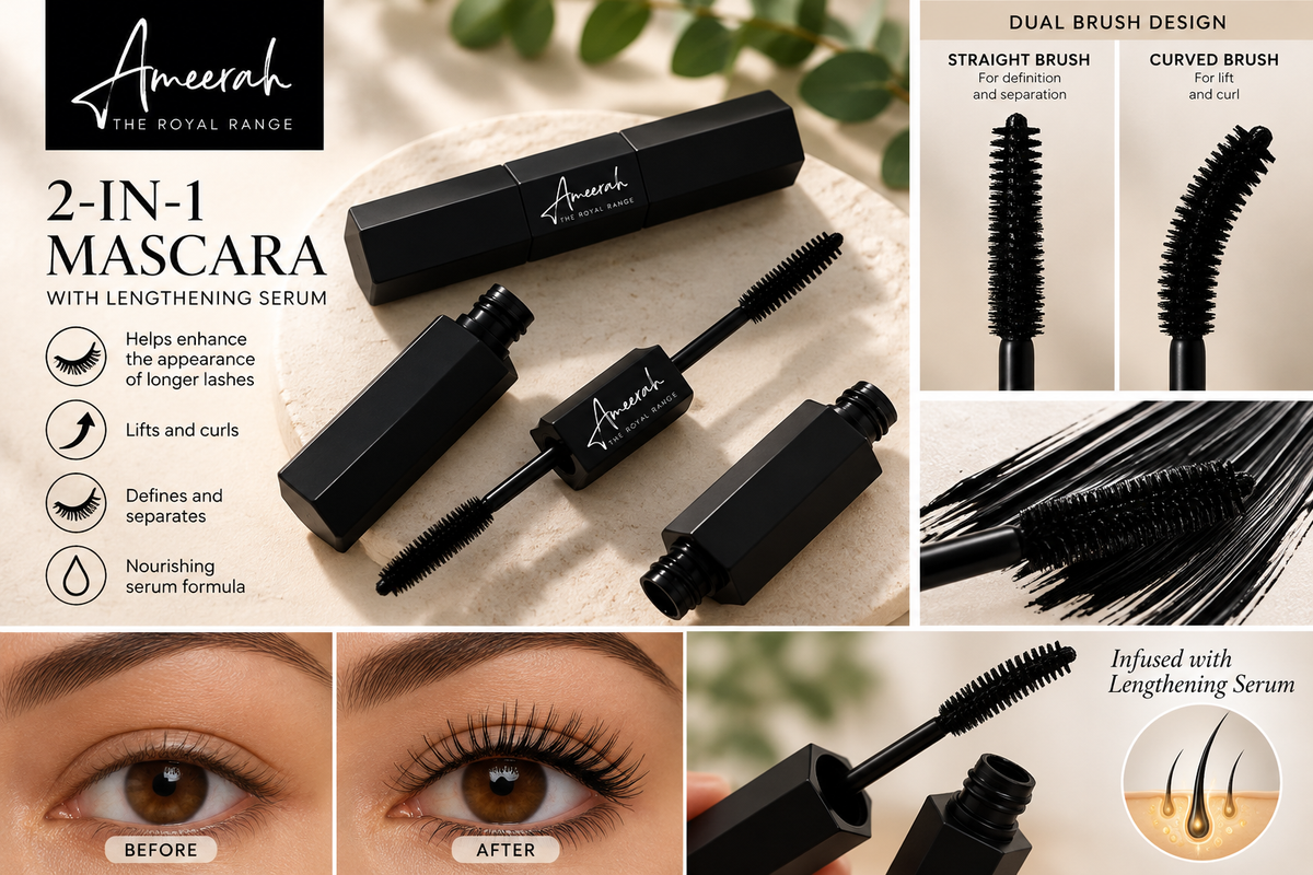 Ameerah 2-in-1 mascara dual brush and serum features