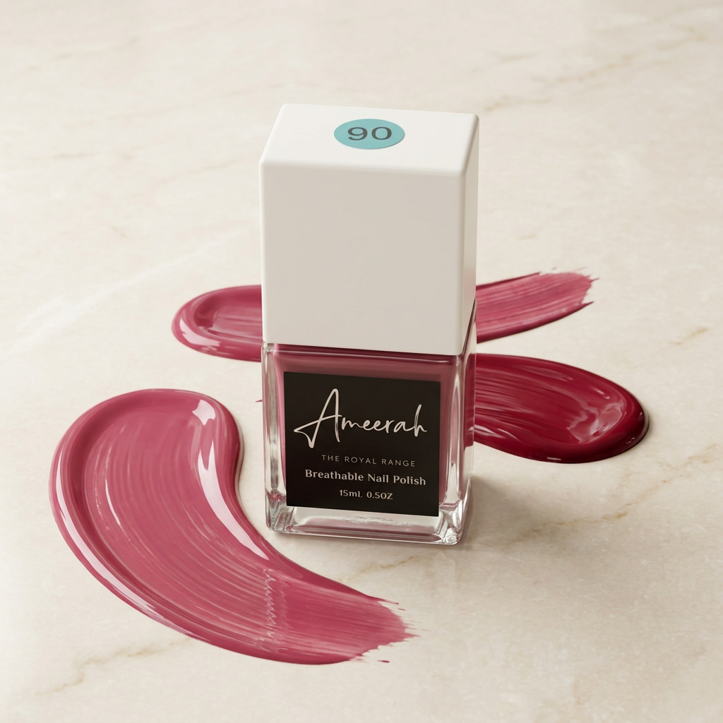 Berry-pink nail polish with glossy swashes on ivory