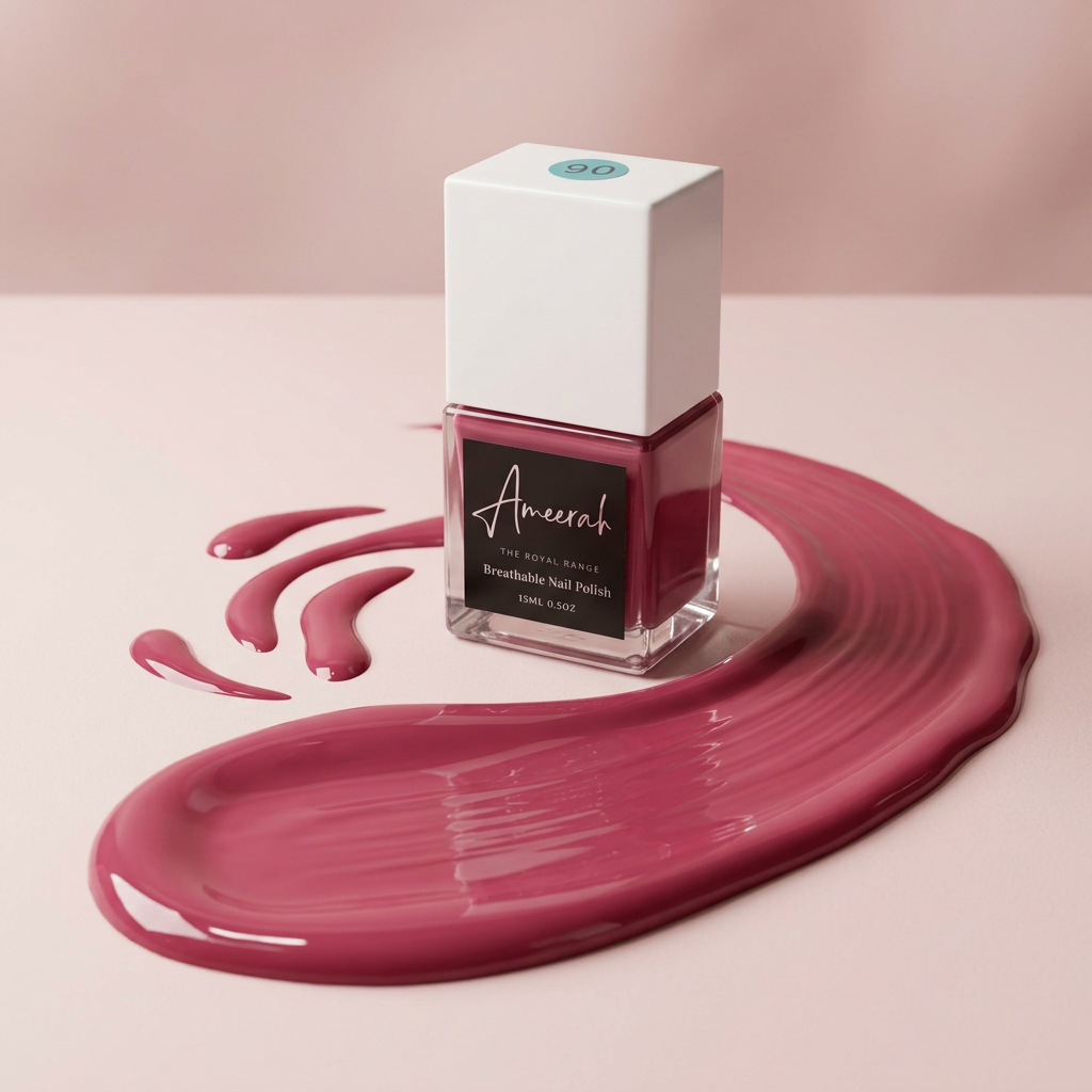 Nail polish on blush pink with sweeping berry-coloured swashes