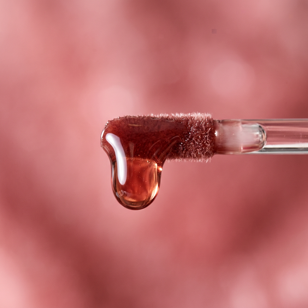 Texture: Close-up of Ameerah Lip Oil applicator wand with a glossy rosewood oil drop